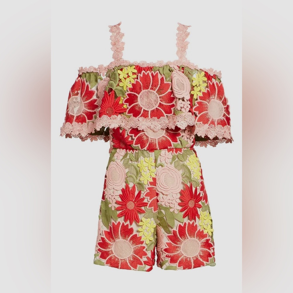 Alice + Olivia Women's Red Anelle Lace Ruffle Romper Size Small 4 - Picture 3 of 5